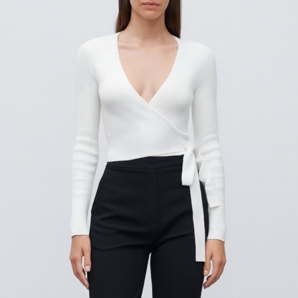 Missguided White Ribbed Wrap V neck Top Long Sleeve Size Small 26e